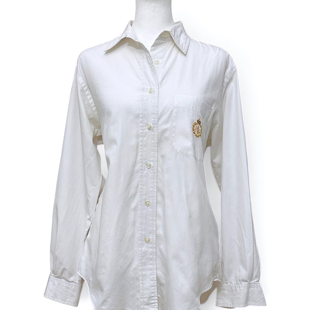 Lauren Ralph Lauren Shirt Women 10P White Crest Embroidered Cotton Button Down